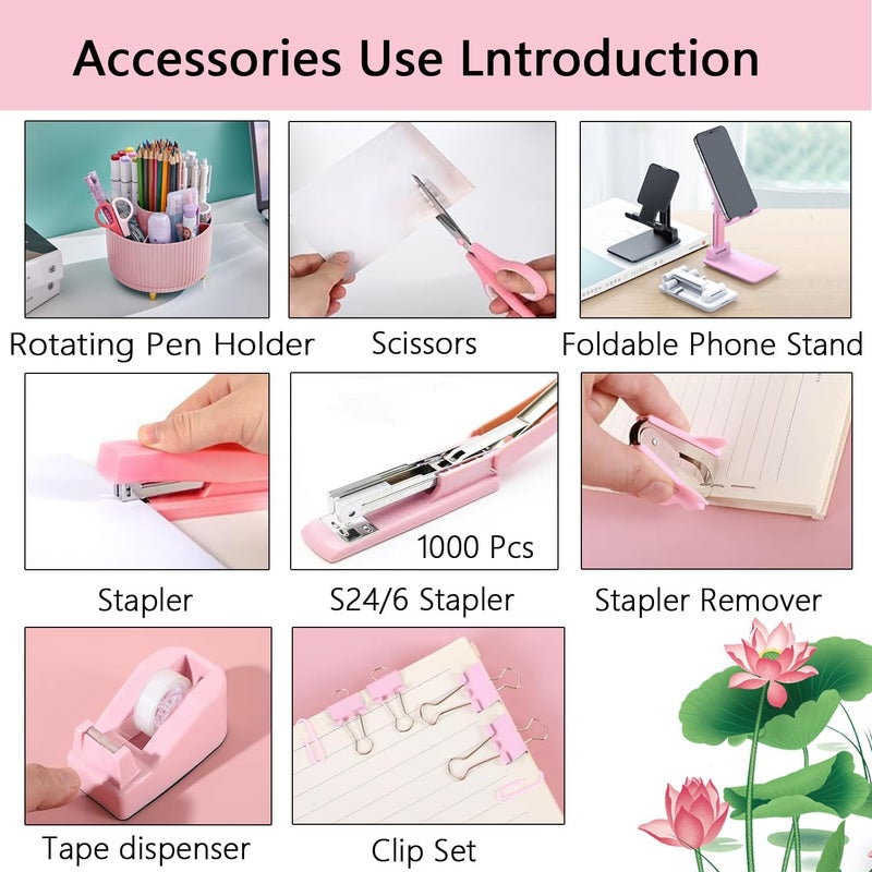 suniya Office Supplies,Desk Accessories,with Stapler, Tape Dispenser,Desk Organizer,Folding Phone Holder,Pen,Journal Notebook,Scissor,Staple Remover,Staples,Clear Tape,Sticky Notes,Paper Clips,Bookmark,Ect - Image 3